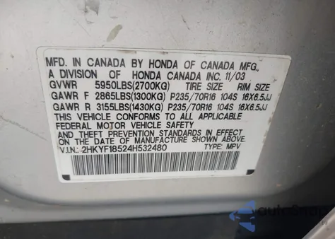 2004 Honda Pilot Exl from USA, damaged, VIN 2HKYF18524H532480